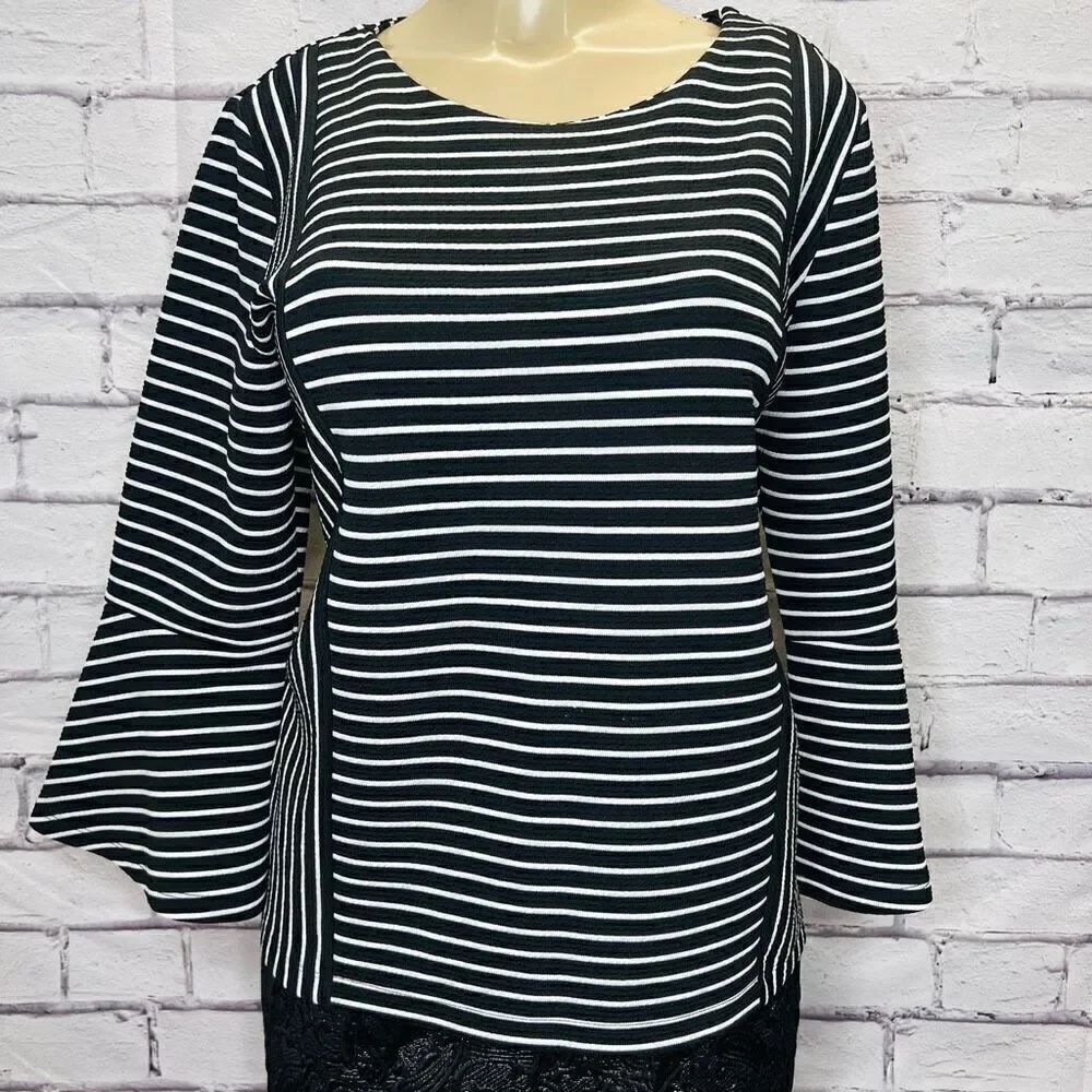 Karl Lagerfeld Womens Black & White Striped Bell Sleeves Blouse Top Large